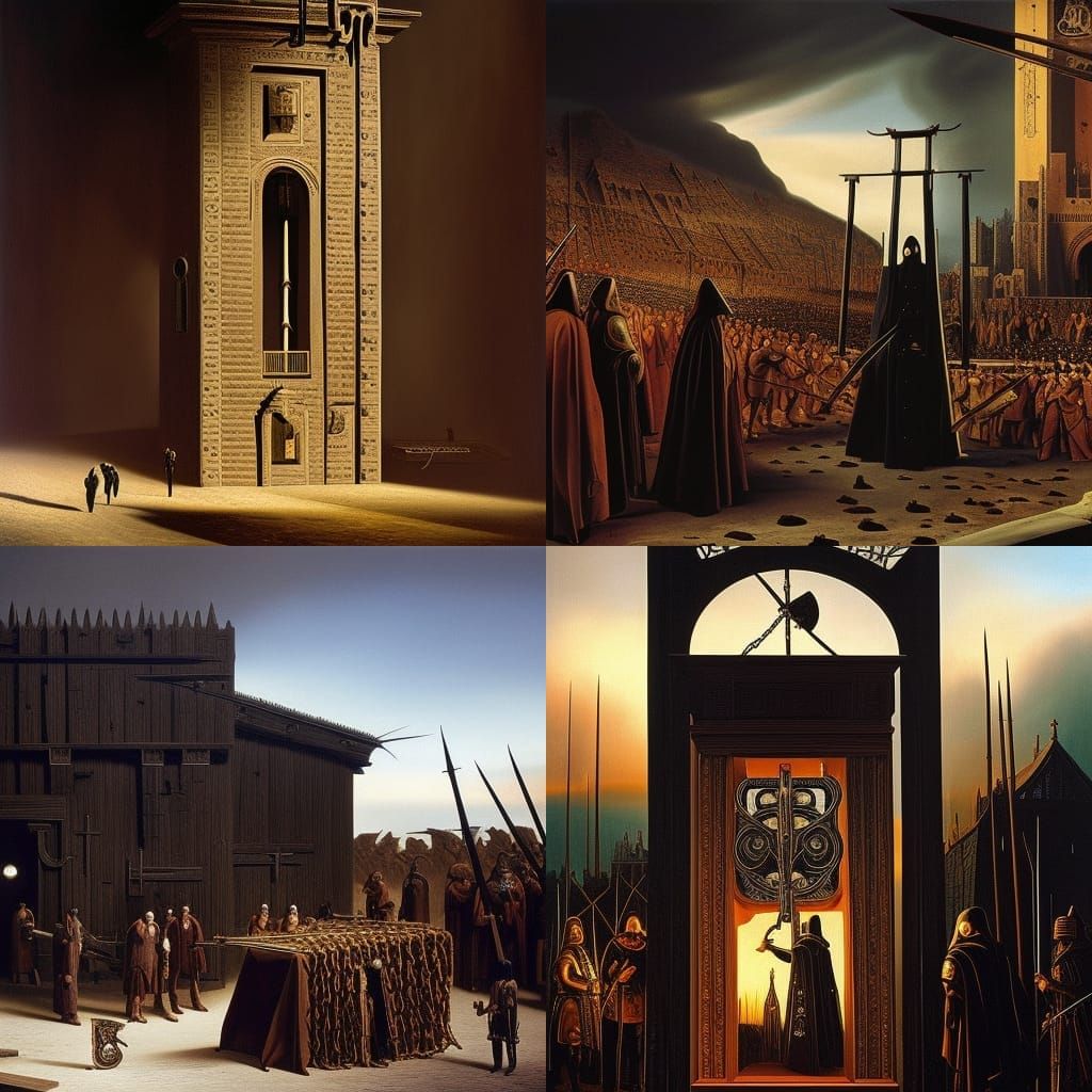 medieval torture device guillotine with executioner