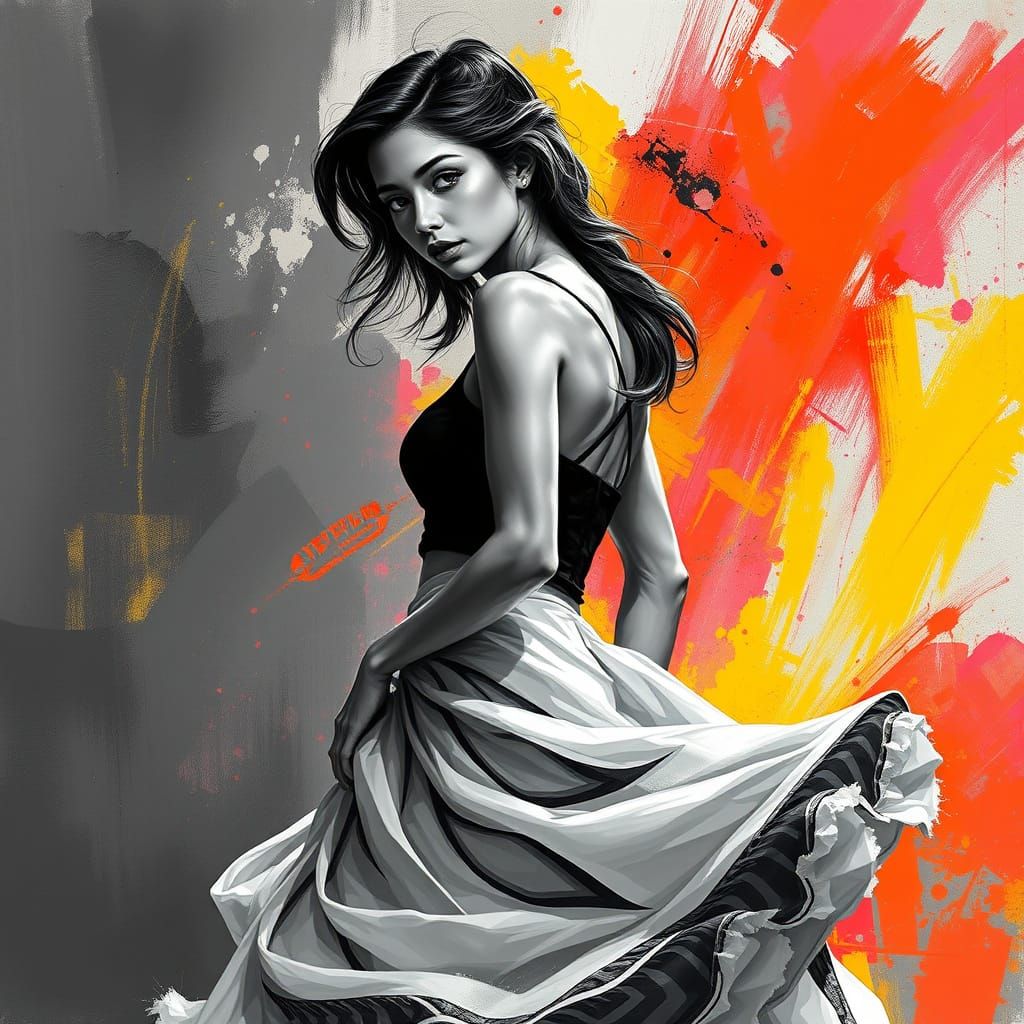 Elegant Woman in Black and White with Colorful Background