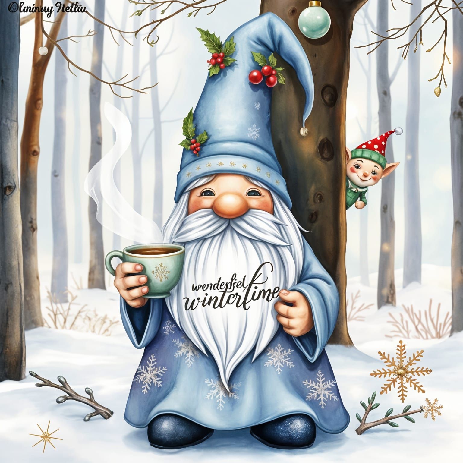 Whimsical Christmas Gnome in Watercolor Winter Wonderland