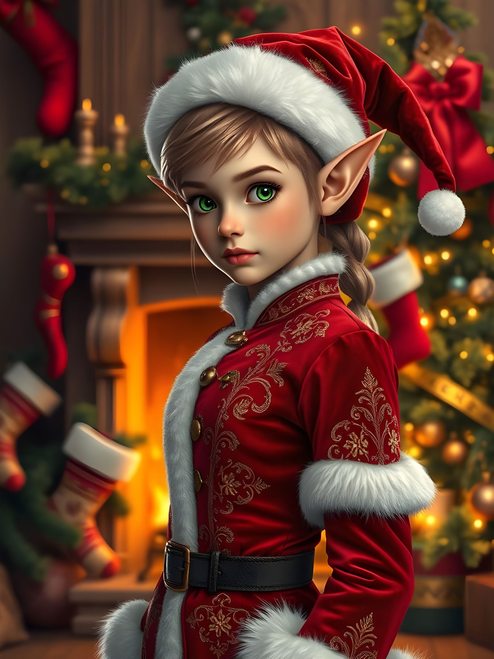Christmas Elf Portrait in Cozy Fireplace Setting
