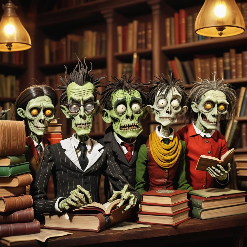 Strange Zombie Librarian in Art Brut Line Art Style