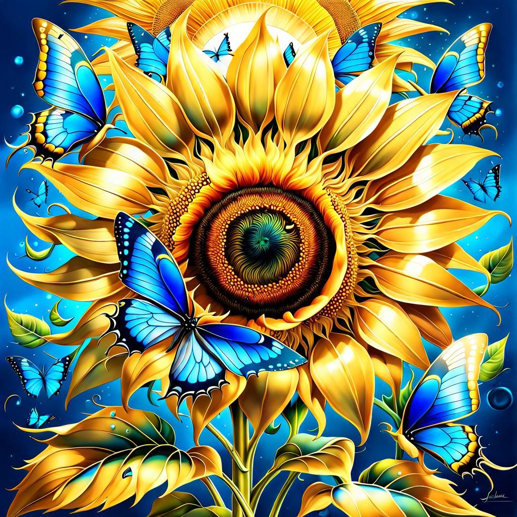 Sunflower with Metallic Blue Butterflies: Digital Art