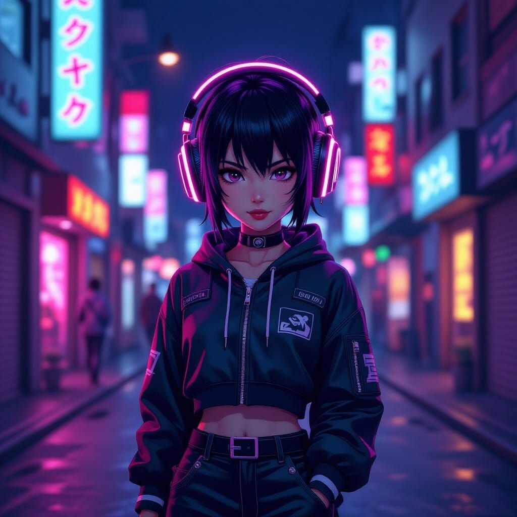 Teenage Ninja Girl with Neon Headphones in 80s Anime Style