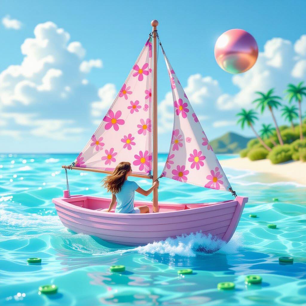 Sailboat Made of Pink Crayons on Wavy Sea