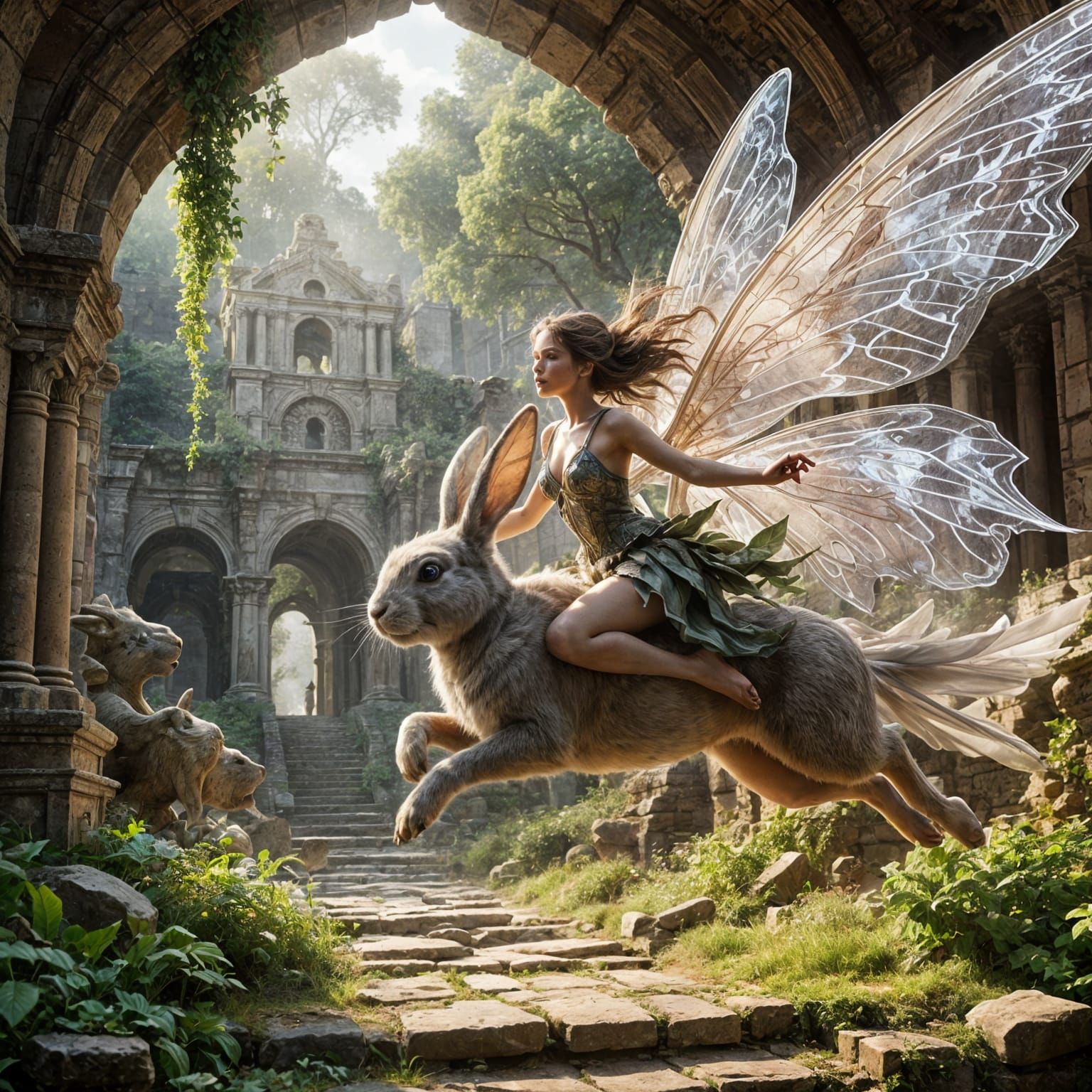 Winged Fairy Rides Rabbit Through Ancient Ruins