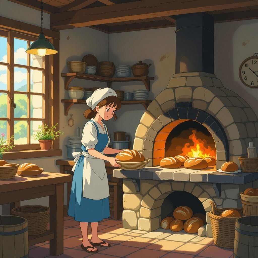 Italian Baker Bakes Bread in Smoky Studio Ghibli Style