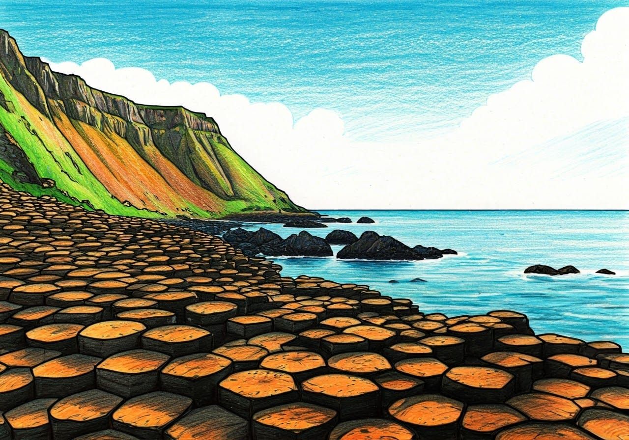 Vibrant Giant's Causeway Cartoon in Abstract Style