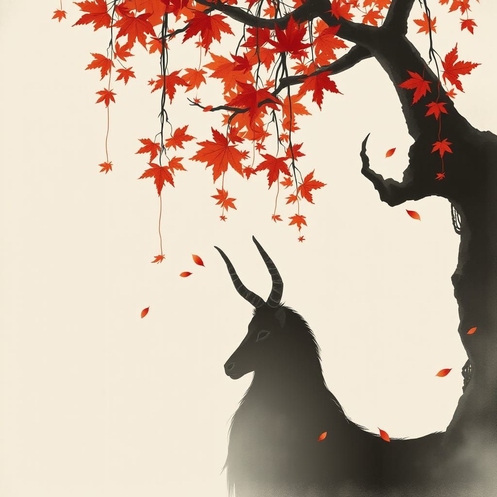 Surreal Sumi-e Art of a Figure Amidst Crimson Maple Leaves