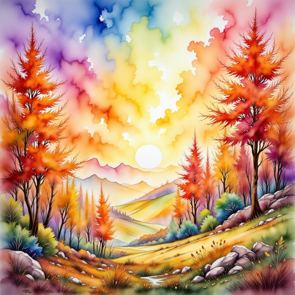 Autumn Landscape with Rainbow in Watercolor Style