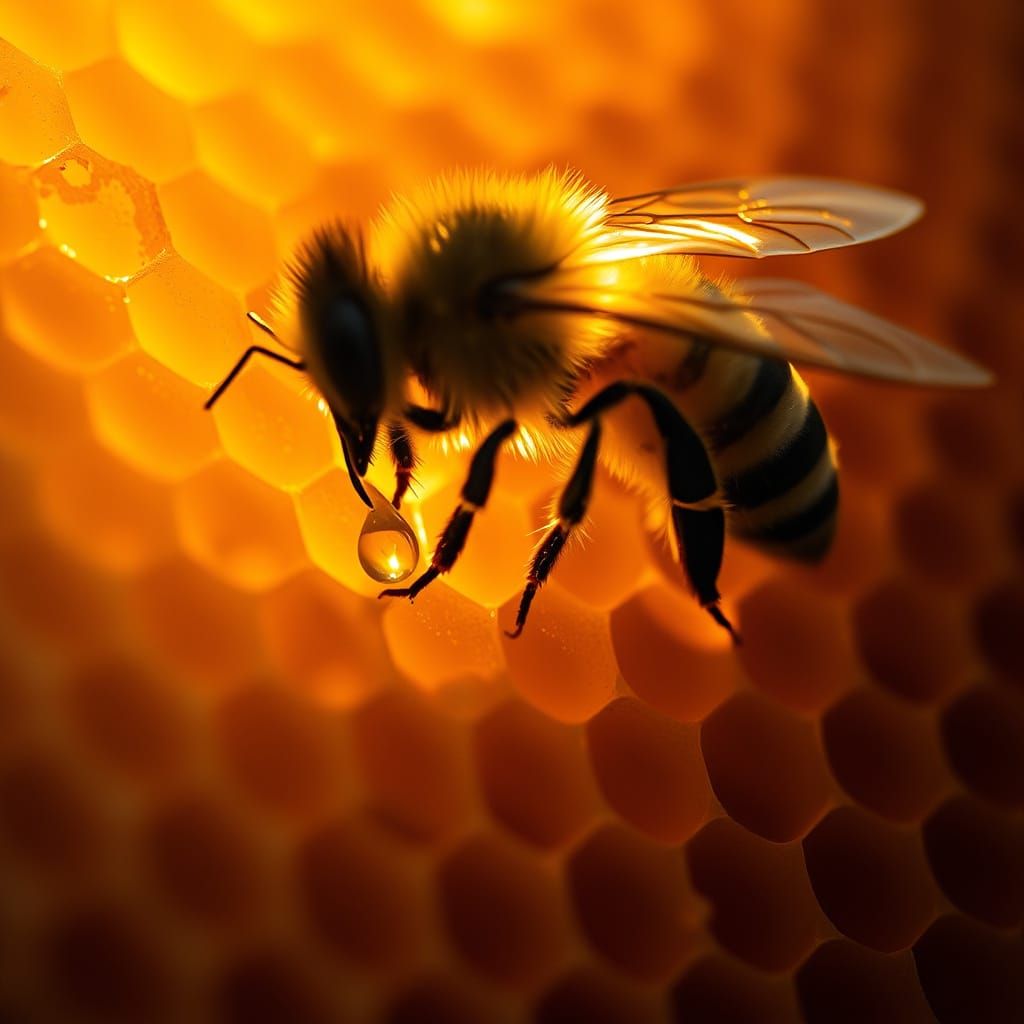 A Bee in Golden Light Fills a Honeycomb with Honey in Cinema...