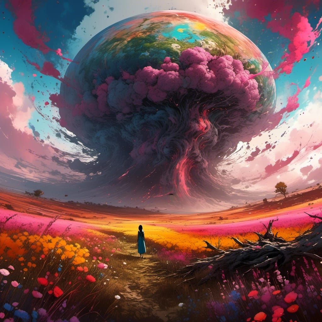 Anime-Style Tornado Over Flowery Field Watercolor