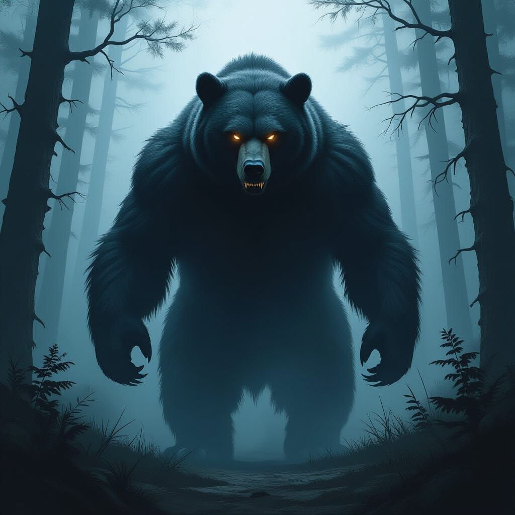 Menacing Bear in Foggy Forest, Dark Fantasy Style