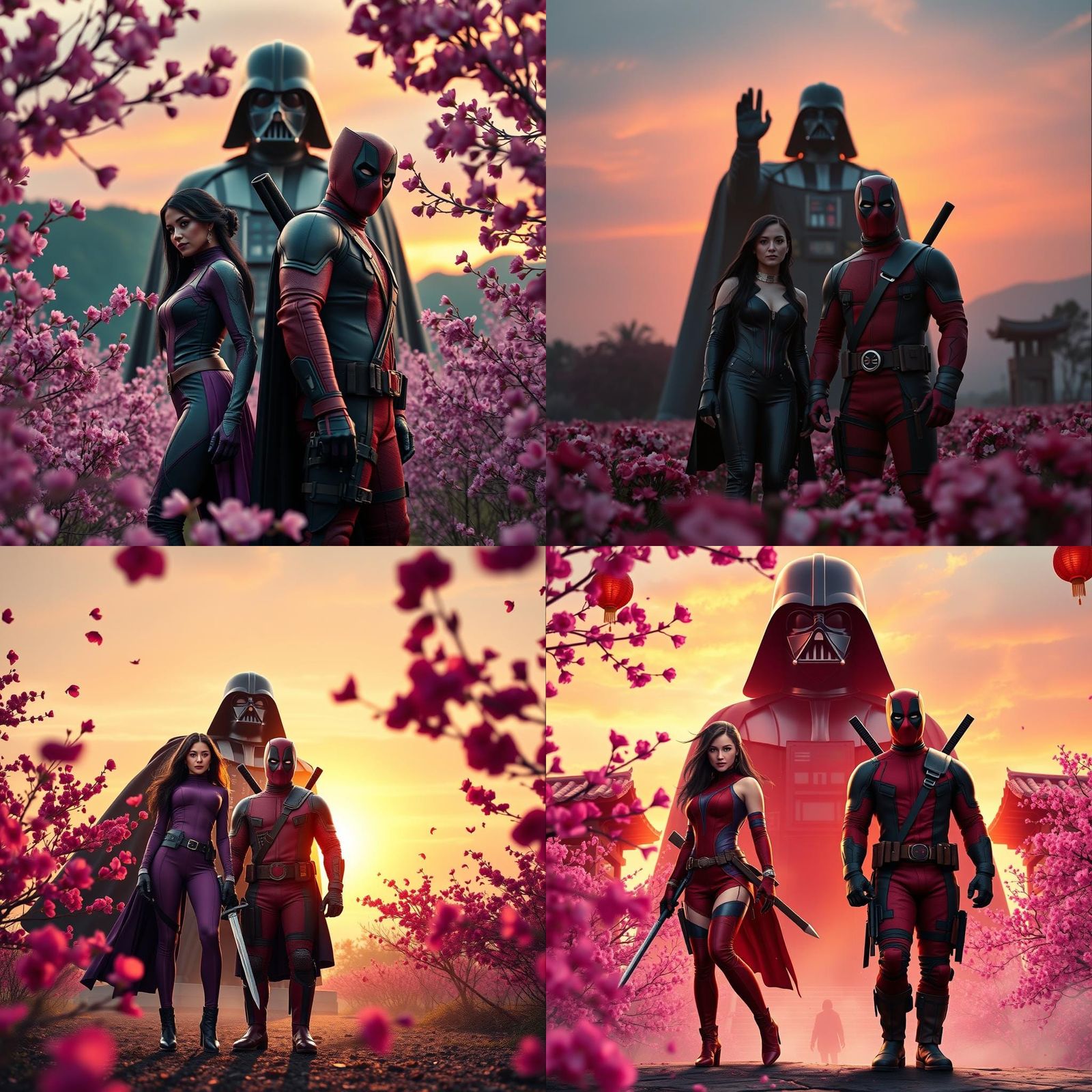 Psylocke and Deadpool in Cherry Blossom Field