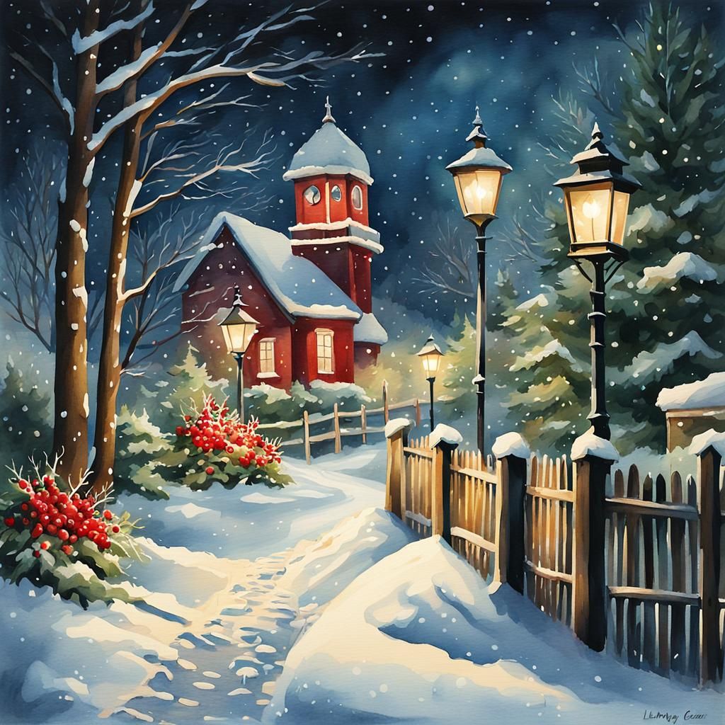 Tranquil Winter Night Watercolor Painting