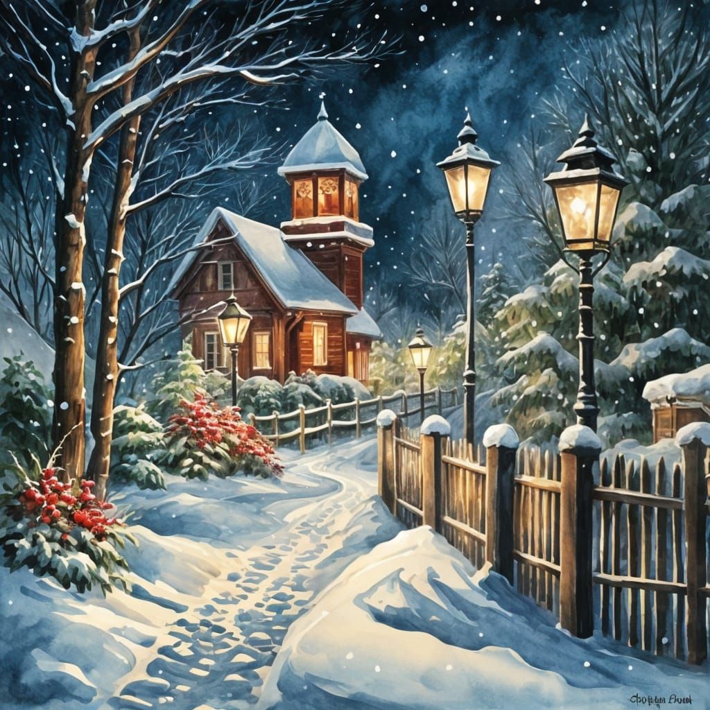 Tranquil Winter Night Scene in Watercolor
