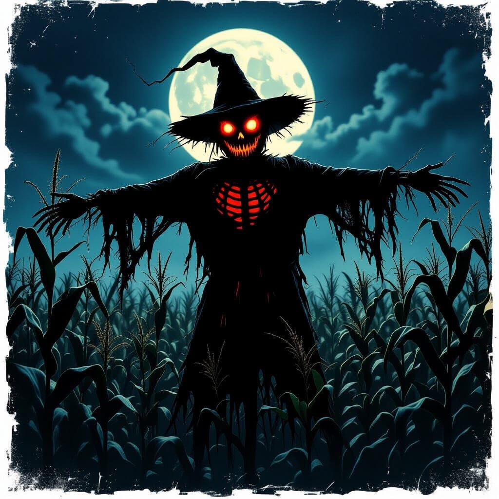 Terrifying Skeletal Scarecrow in Moonlit Cornfield