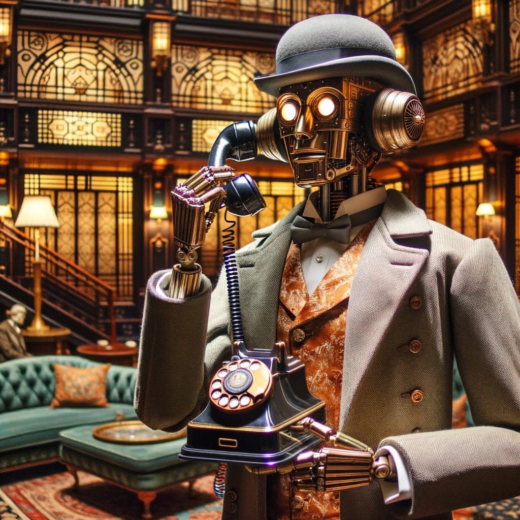 Robot in Edwardian Coat Uses Vintage Hotel Phone