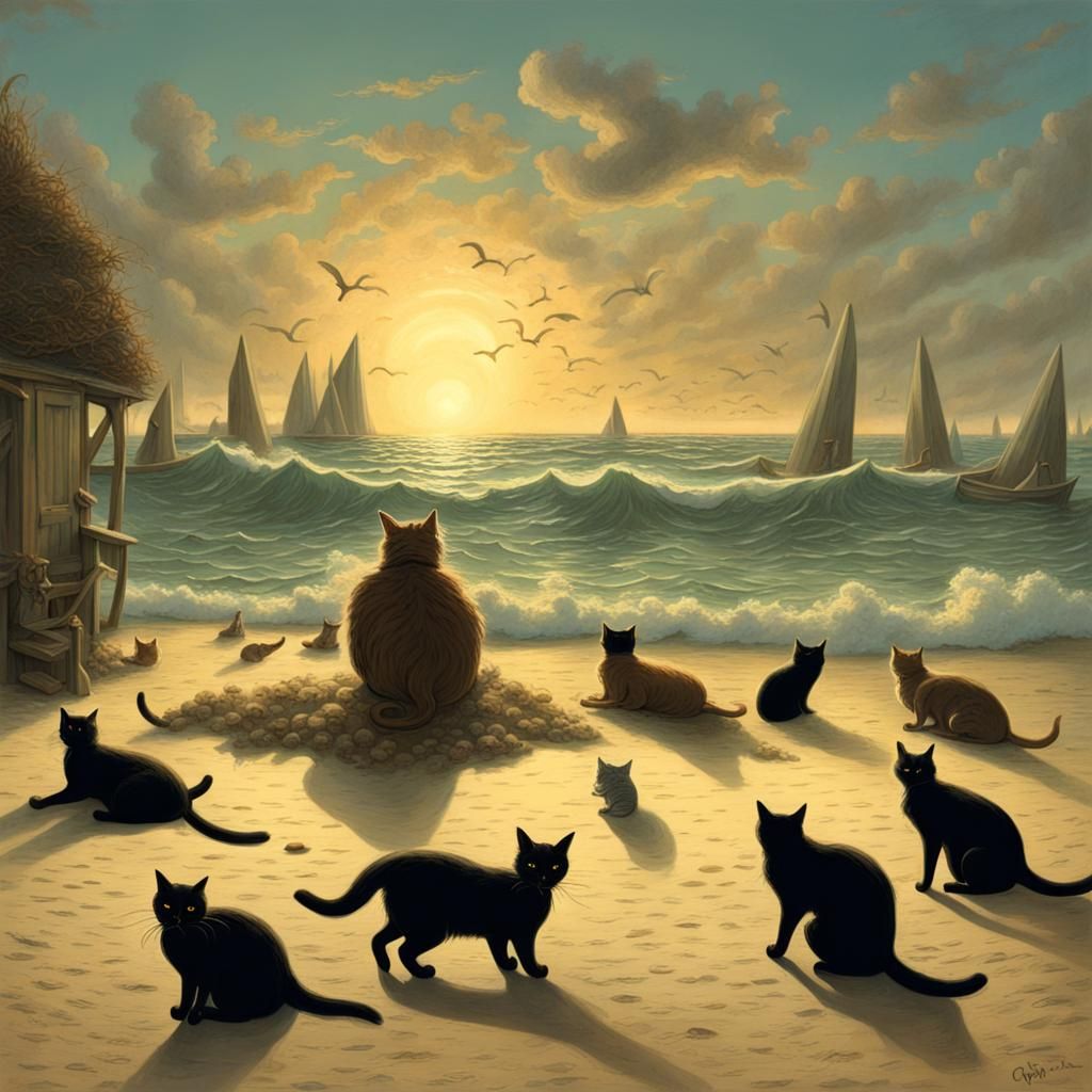 Cats' Surreal Beach Paradise: A Whimsical Seaside Scene