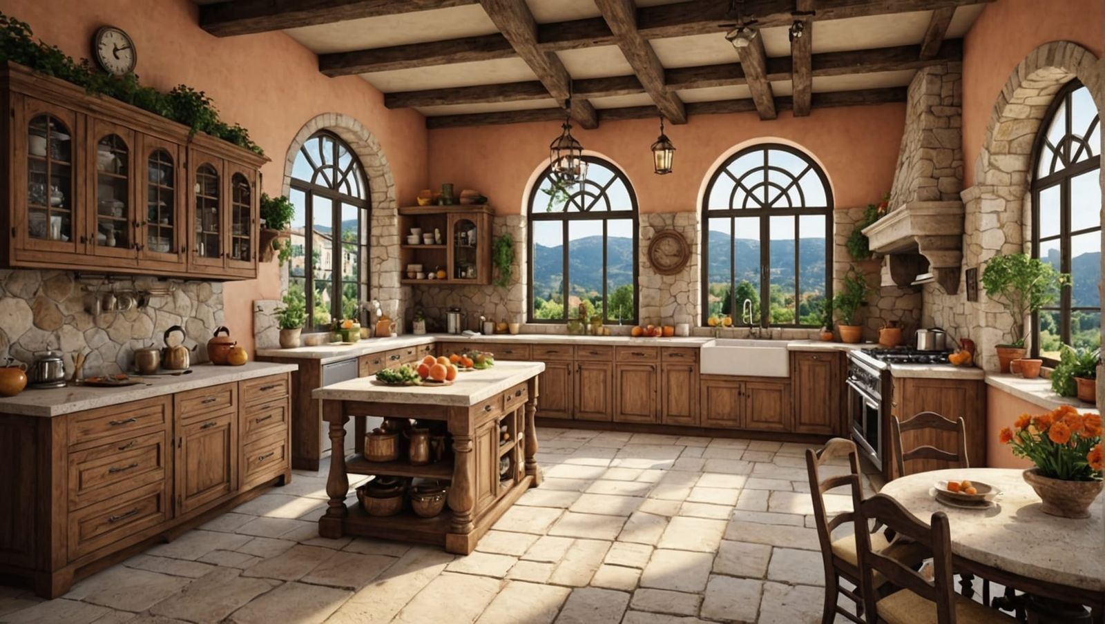 Rustic Italian Cottage Kitchen with Stained Glass