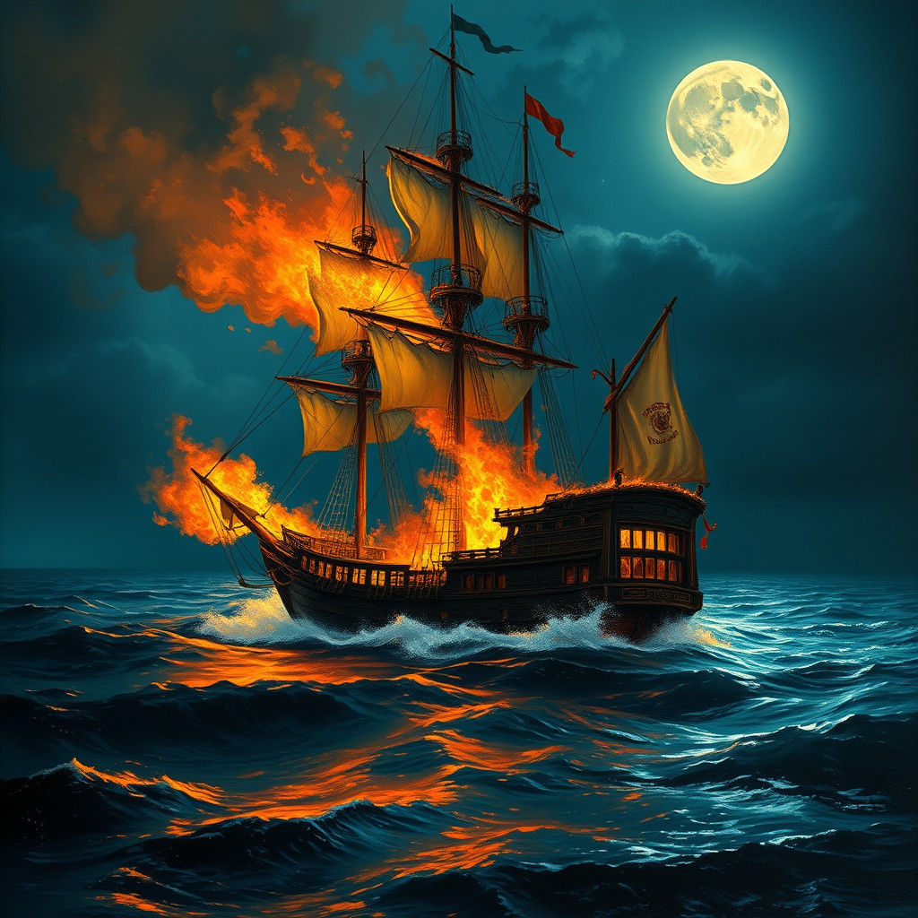 A majestic 17th century gallion, burning...