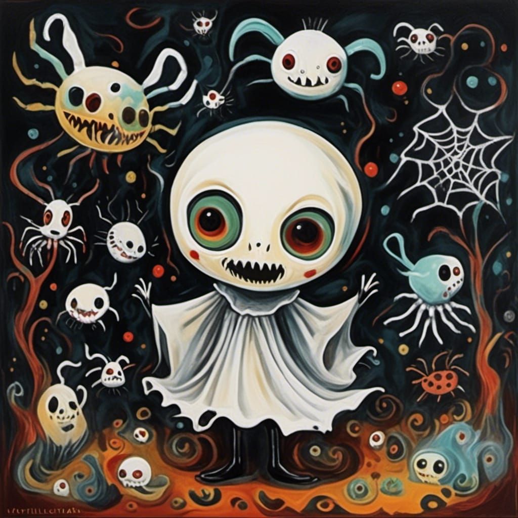 Cute Ghost Black Widow in Watercolor Woodcut Style