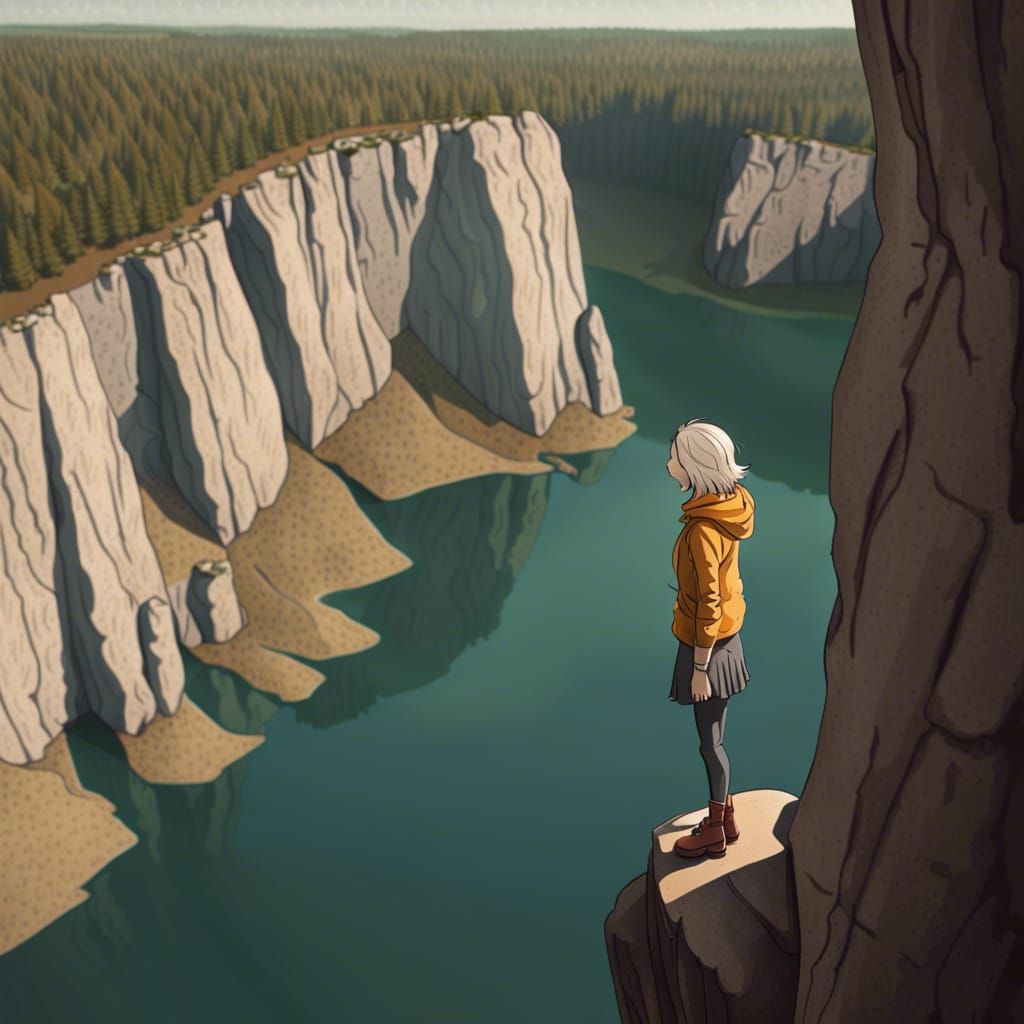 Teenager on Cliff Contemplates Leap into Lake