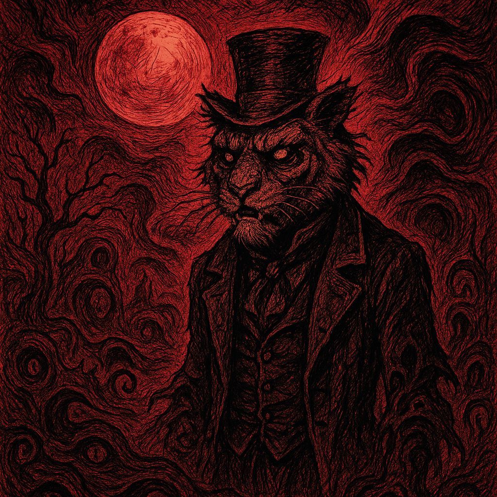 Cursed Victorian Tiger in Red Fog: Ink Drawing