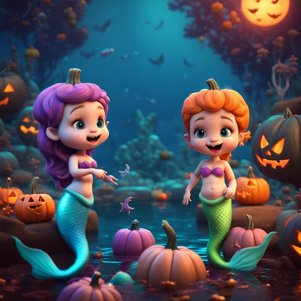 Baby Mermaids Halloween Lagoon in 3D Style