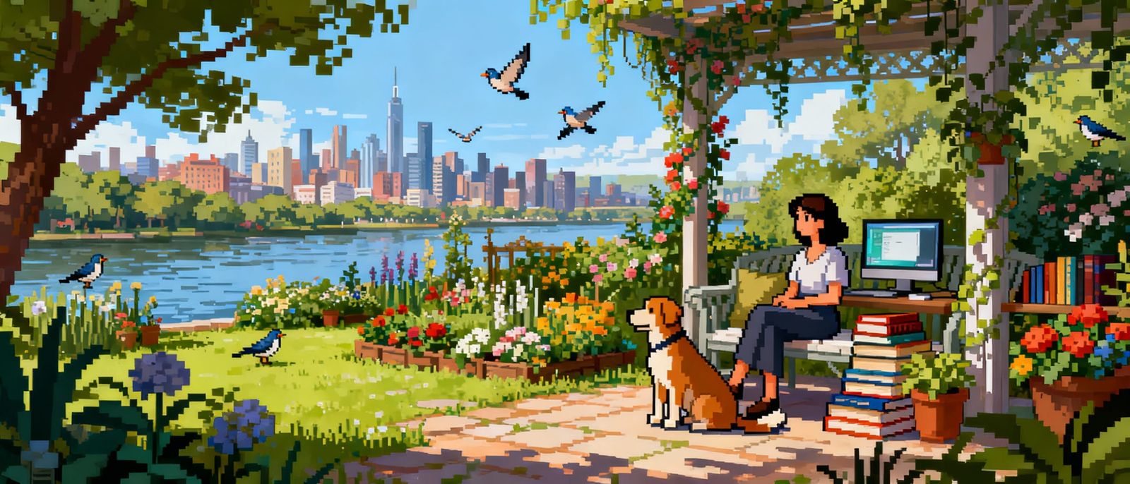 Pixel Art Garden Scene with Woman, Dog, and City View
