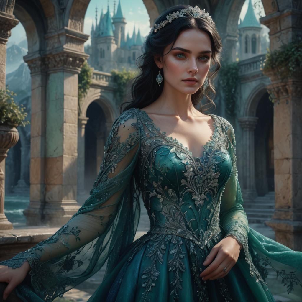 Ethereal Woman in Sea-Green Gown, Watercolor Style