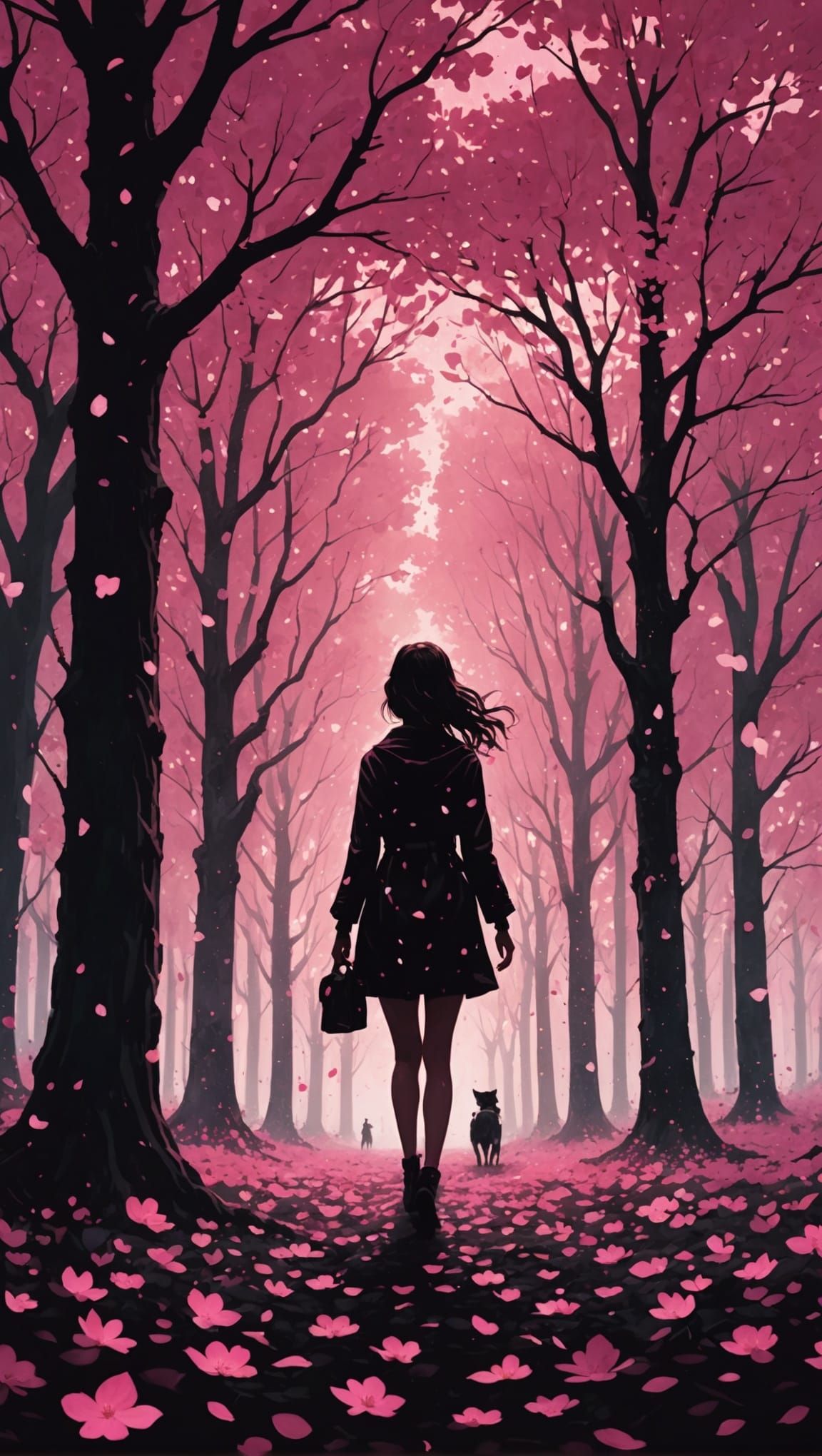 Girl in Cherry Blossom Forest at Night