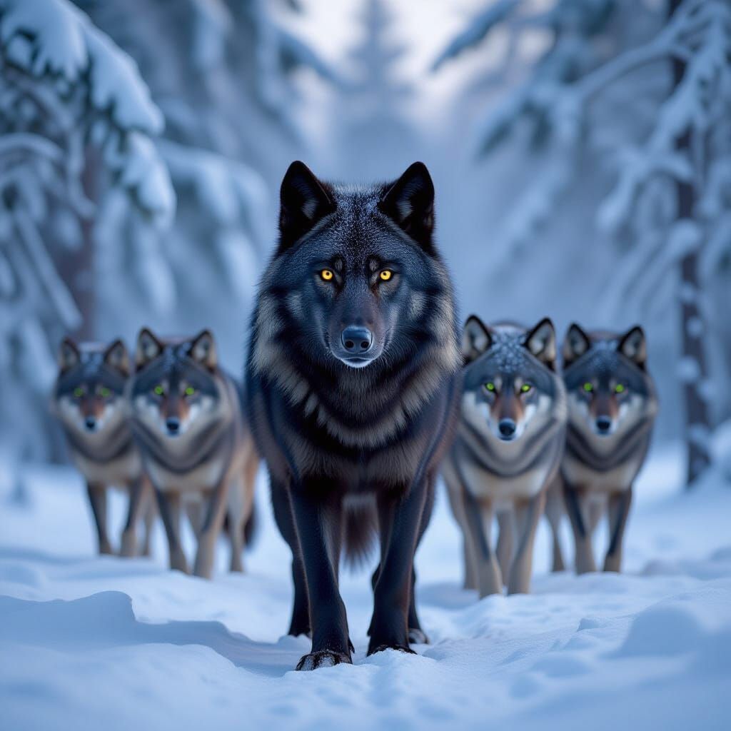 Wolves in a Snowy Forest, Realistic Wildlife Illustration