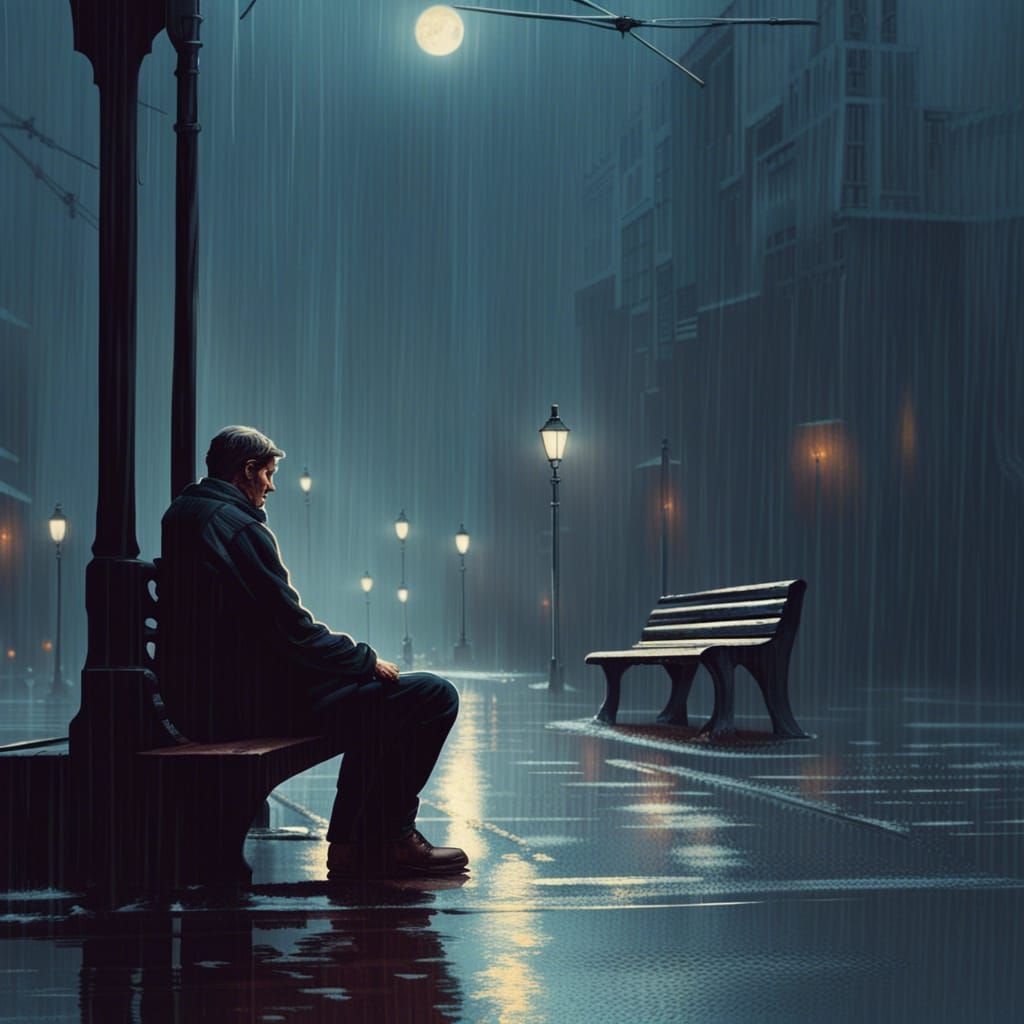 Rainy Day Bench Scene in Matte Painting Style