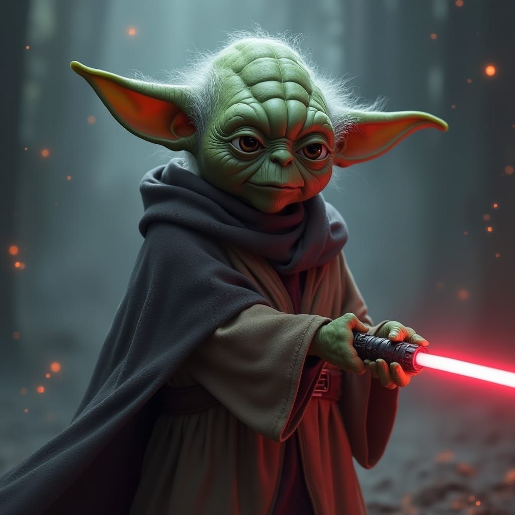 Yoda as Darth Vader: A Galactic Duel in Dark, Ominous Style