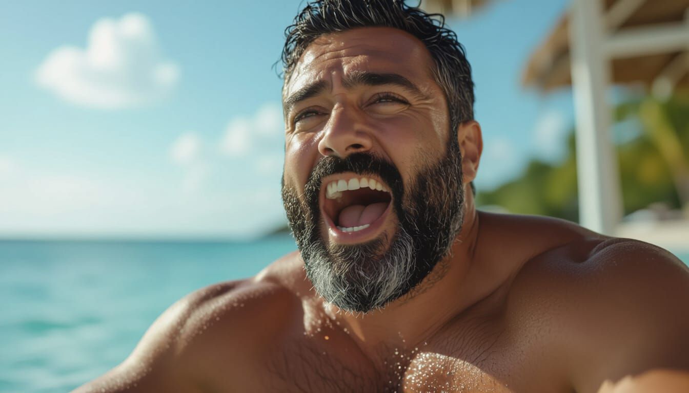 Latino Actor's Mouth Wide Open in Photorealistic Daytime Sce...