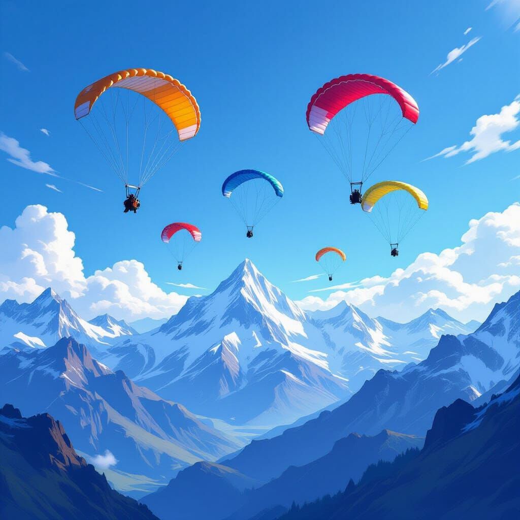 Five Colorful Parachutes Descend Over Majestic Mountains
