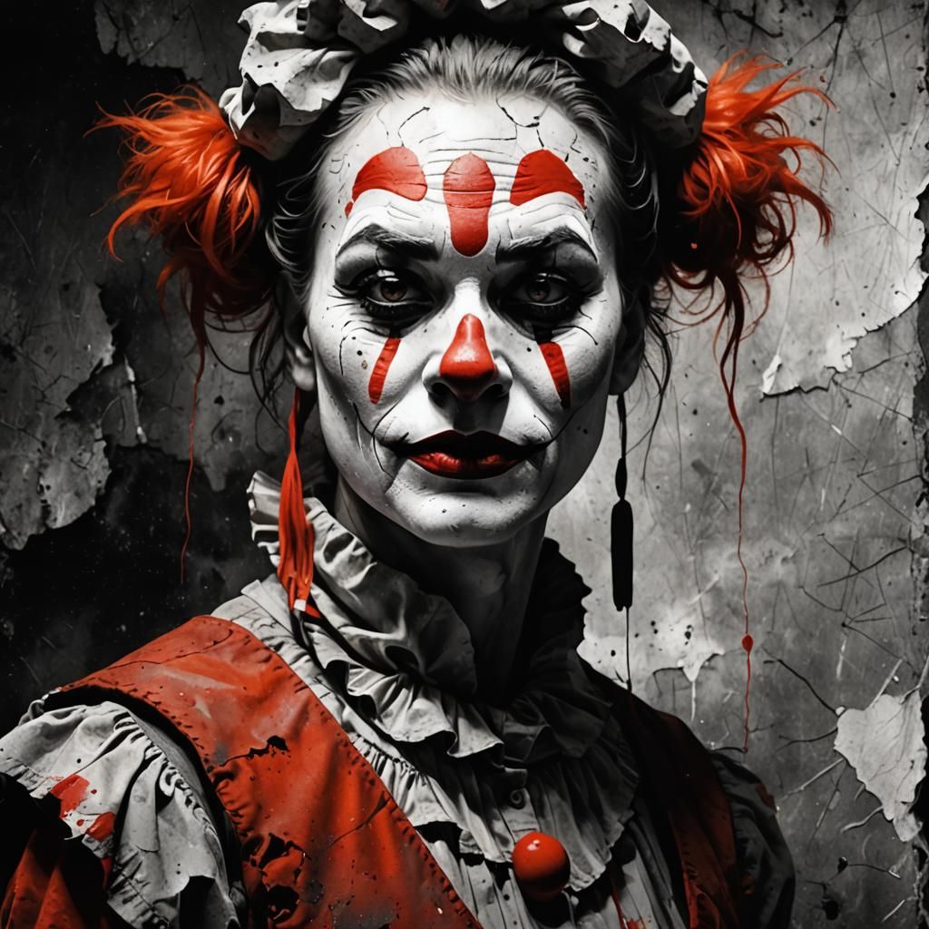 Gritty Grayscale Clown Portrait in Digital Painting