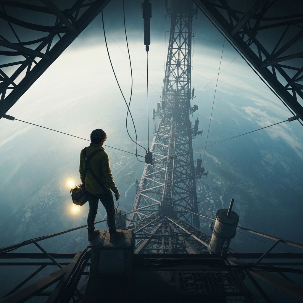 Lone Figure atop Colossal Radio Tower in Hyperrealistic Art