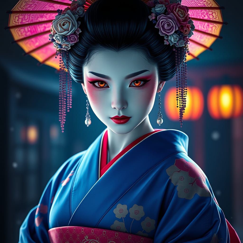 Geisha in Dark Fantasy Style with Blue Kimono