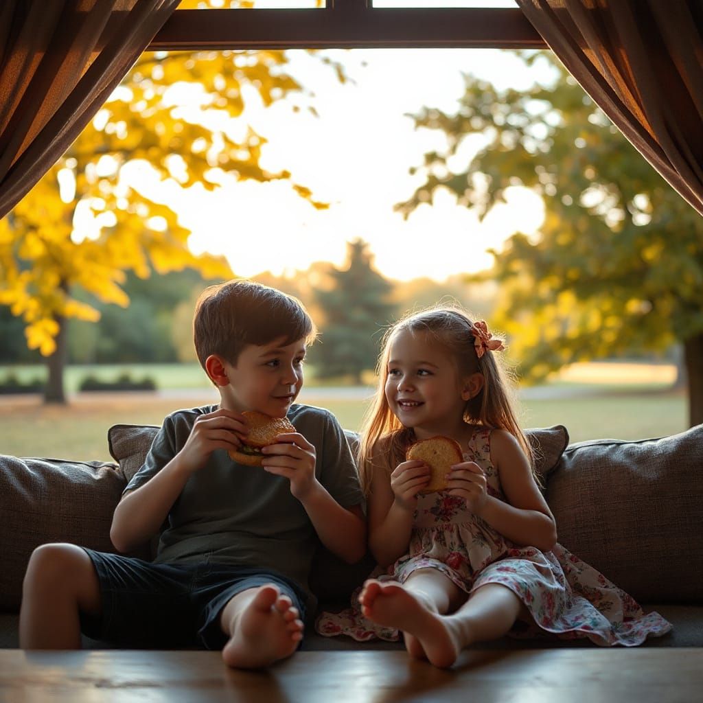 Cozy Autumn Picnic: Boy and Girl Sharing Sandwiches