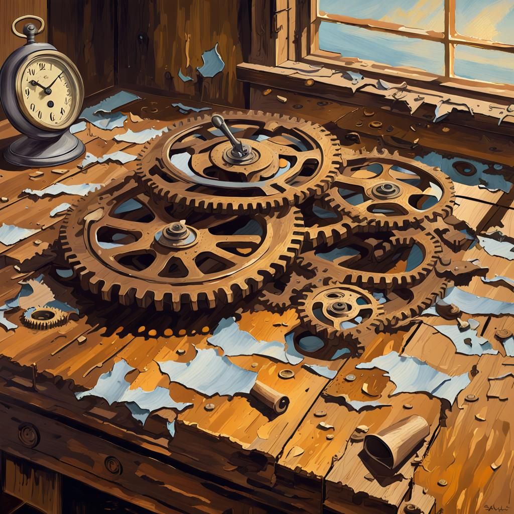 Surrealist Still Life with Broken Gear, as Oil Painting