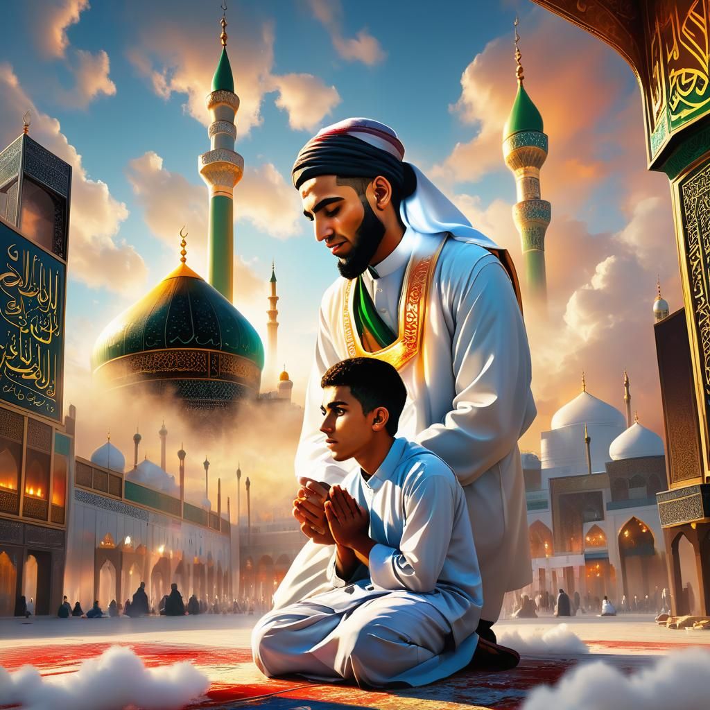 Muslim Father and Son Praying in Karbala