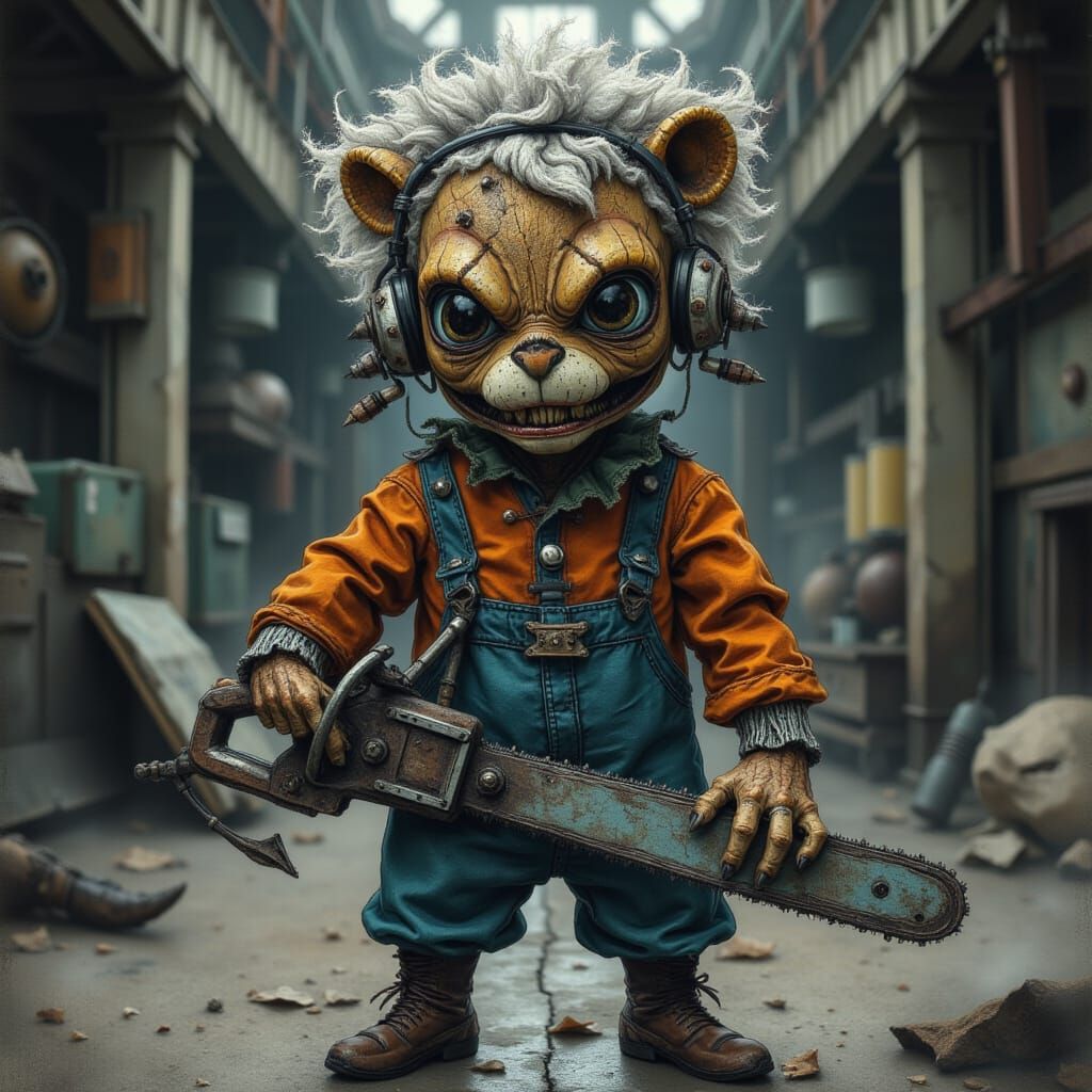 Surreal Creature with Chainsaw in Industrial Setting