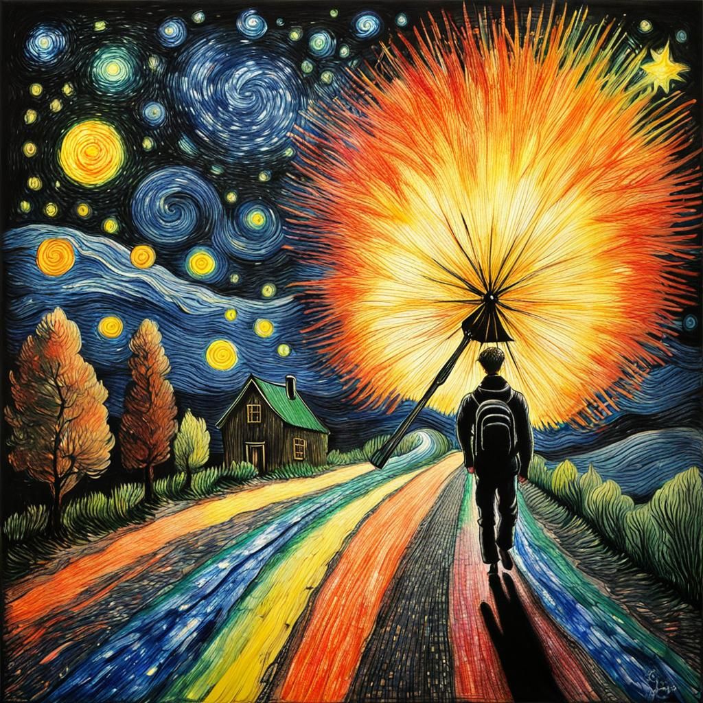 Child's Surreal Flight Through Starry Night in Crayon Style