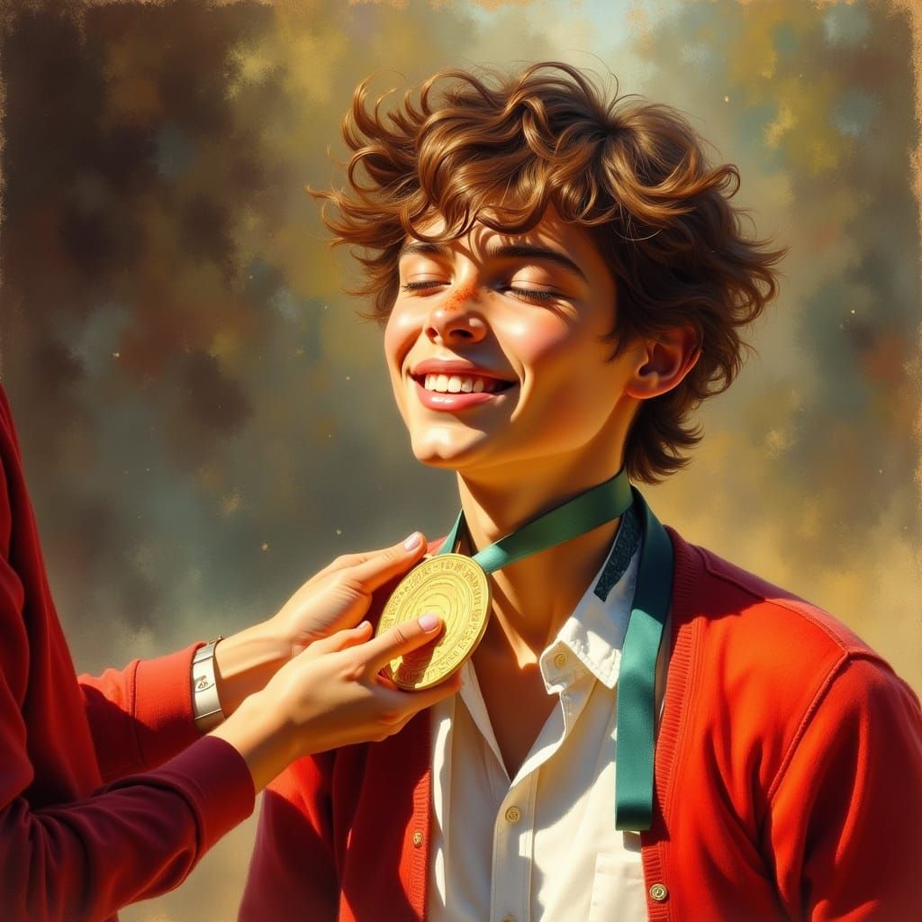 Triumphant Young Man Receives Gold Medal in Golden Hour Oil ...
