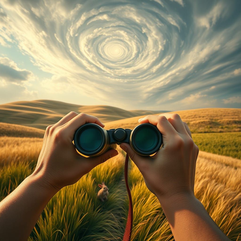 Hands Hold Binoculars Amidst a Golden Landscape