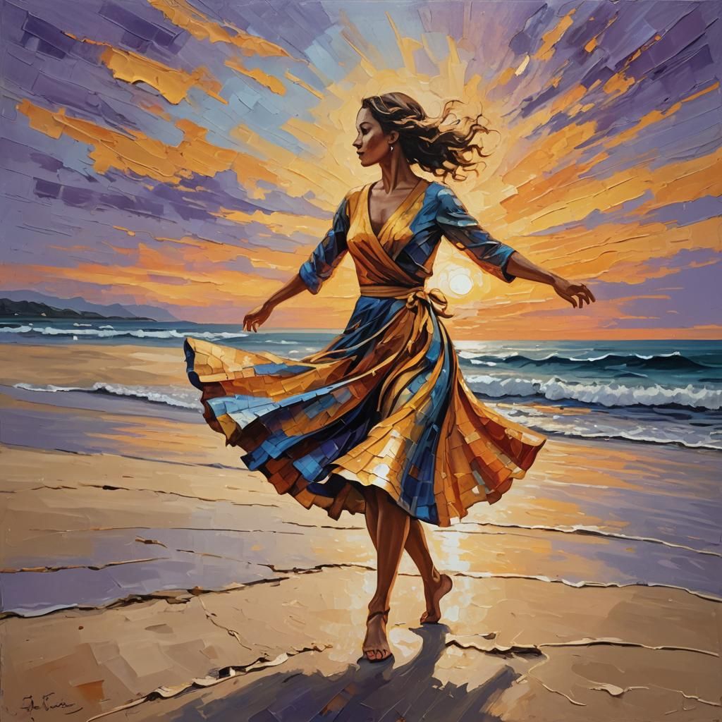 Dancer Twirling on Beach at Sunset: Expressionist Oil Painti...