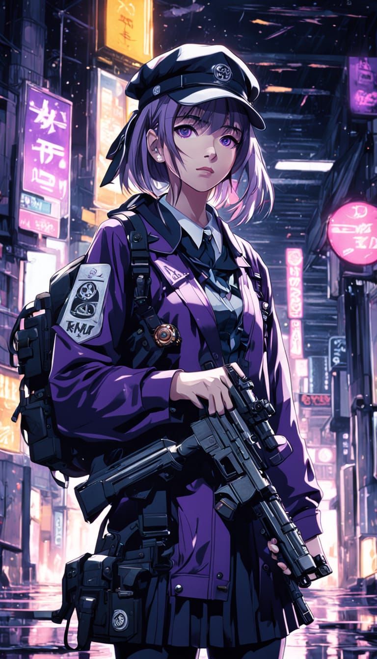 Anime Schoolgirl with Gun in Glitchcore Sci-Fi Style