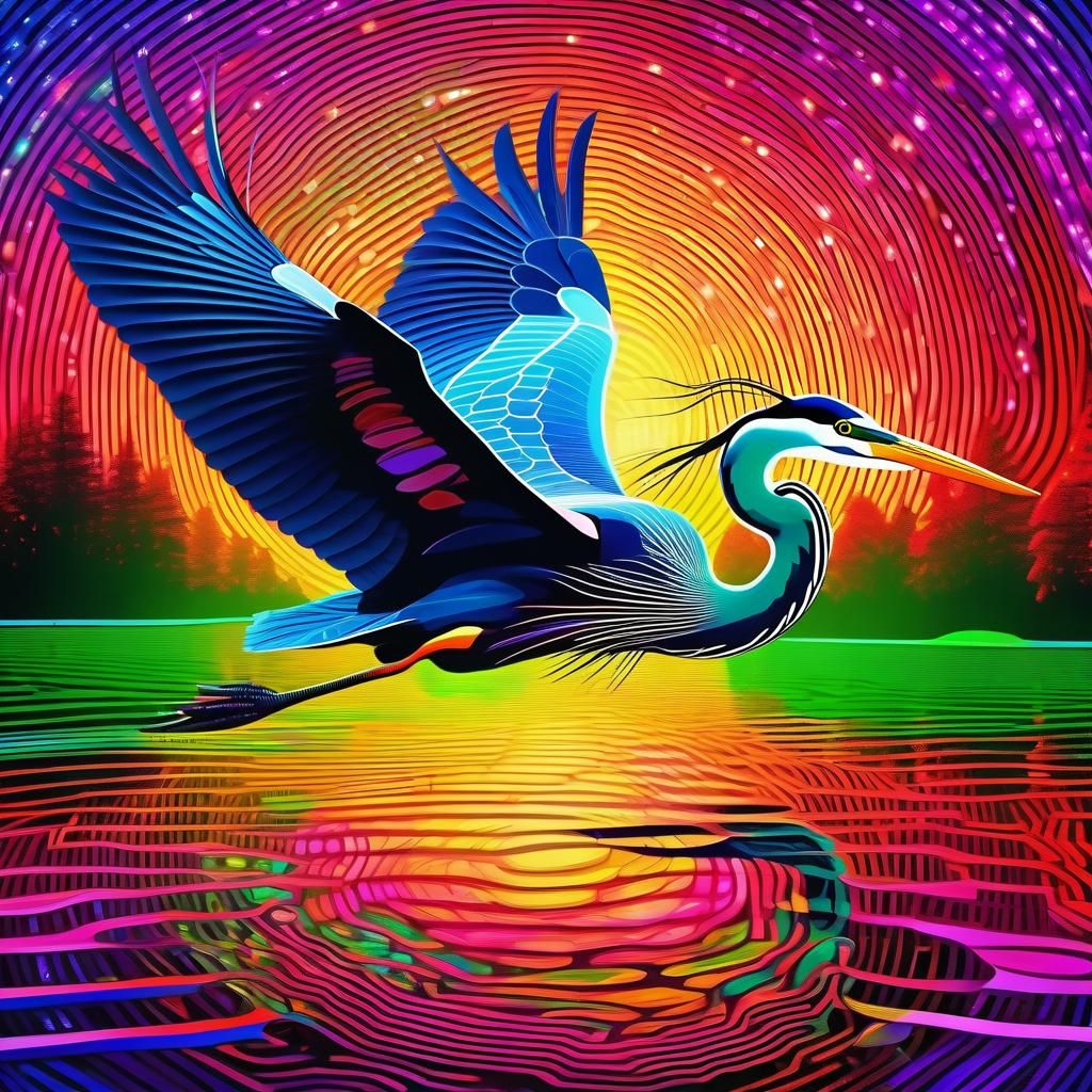 Heron Flying Over Pond in Hologram Style