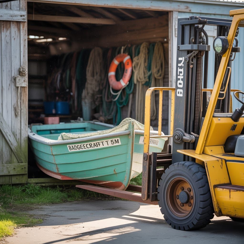 Old forklift carrying out badgecraft 5m crabbing boat from s...